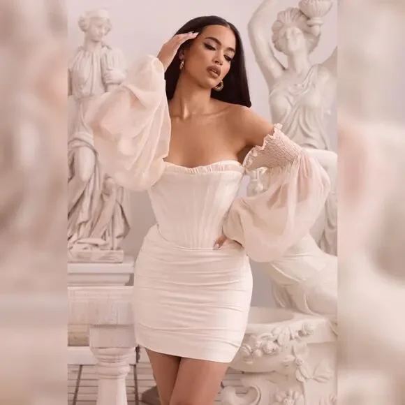 HOUSE OF CB Beau White Ivory Draped Corset Bustier Dreamy Flowy Chiffon Dress - Picture 5 of 16